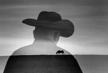 Impressão de arte Silhouette of cowboy and scenic view