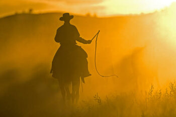 Impressão de arte Silhouette of Cowboy at Sunset