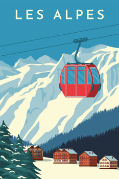 Ilustração Ski resort with red gondola lift,