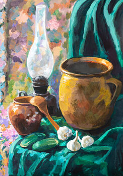 Illustration still life with ceramic pots and kerosene lamp