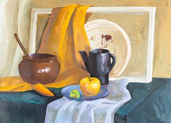 Ilustração still life with pot, kettle, carrot and apples