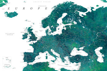Kartta Teal detailed map of Europe in watercolor