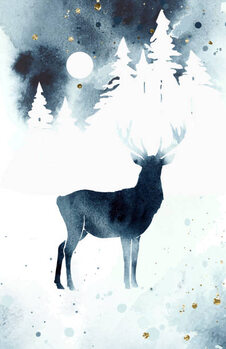 Ilustração Vector silhouette of reindeer. Watercolor winter