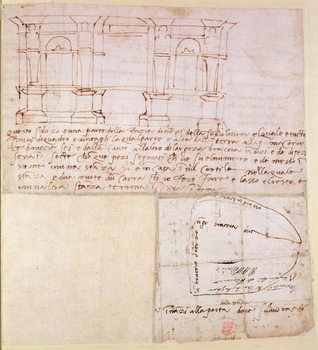 Taidejäljennös W.23r Architectural sketch with notes