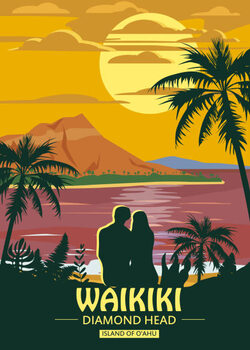Illustration Waikiki island of O ahu Retro
