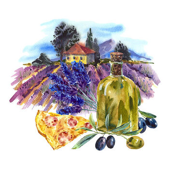 Ilustração Watercolor landscape with bloominglavender, olive