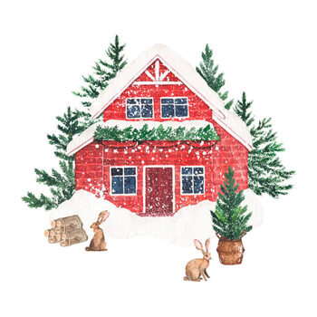 Illustration Watercolor winter cozy snowy house with