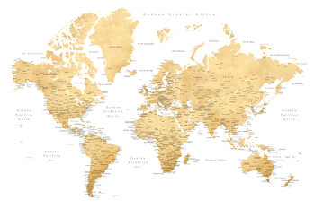 Map World map with labels in Spanish, gold effect