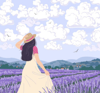 Ilustração Young Woman Enjoys the lavender Field