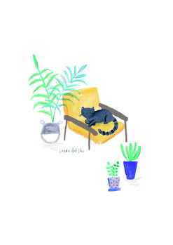 Ilustração Black cat on mustard scandi chair
