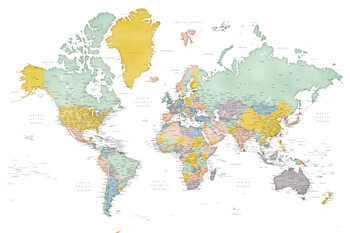 Ilustração Detailed world map in mid-century colors, Patti