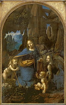 Reprodução do quadro The Virgin of the Rocks (with the Infant St. John adoring the Infant Christ accompanied by an Angel), c.1508