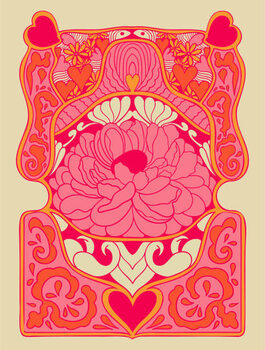 T-paita Background with flowers, hearts, abstract shapes.