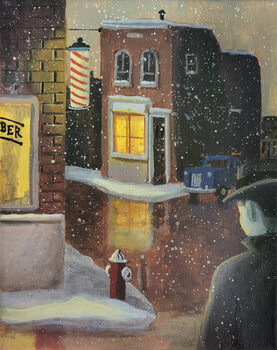 Canvas Print 1950s scene man approaching barber shop at night.