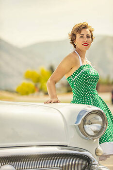 Canvas Print 1950s Woman Leaning on a Vintage Car