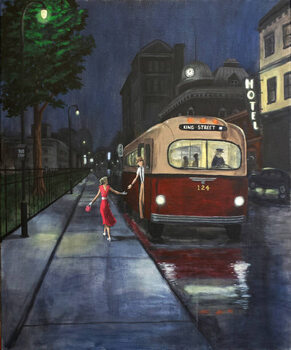 Canvas Print 50s Couple Exits Bus at Night.