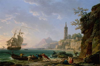 Canvas Print A Coastal Mediterranean Landscape with a Dutch Merchantman in a Bay