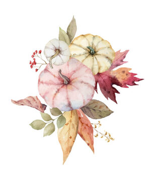 Canvas Print A watercolor vector bouquet for Thanksgiving, a greeting arrangement with colorful pumpkins, autumn branches and leaves isolated on white background.