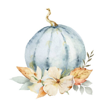 Canvas Print A watercolor vector postcard for Thanksgiving, a greeting arrangement with colorful pumpkins, autumn branches and leaves isolated on white 
background.