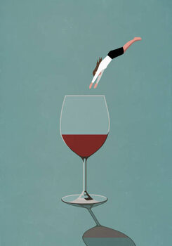 Canvas Print Businesswoman diving into large glass of wine