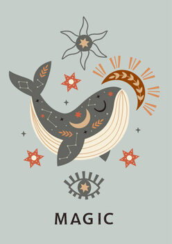 Canvas Print celestial poster with whale,moon,eye,sun