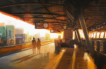 Canvas Print couple waiting a train on the station