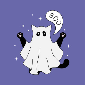 Canvas Print Cute ghost cat halloween theme flat