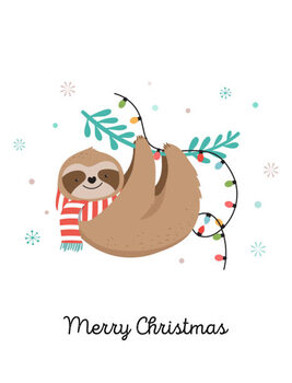 Canvas Print Cute sloth, funny Christmas illustrations with