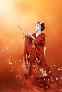 Canvas Print Geisha in long red kimono catching a cherry blosso