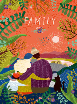 Canvas Print happy family, vector cute illustration of a loving family in nature outdoors, enjoying the sunset surrounded by flowers and plants; mother, father, child and cat sit back and hug in autumn or spring