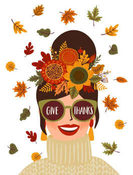 Canvas Print Happy Thanksgiving isolated illustration. Cute lady in wreath and glasses. Vector design for card, poster, flyer, web and other