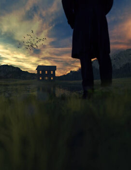 Canvas Print Man stands at a mountain lake