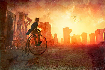 Canvas Print Man with retro bicycle riding past ancient ruins
