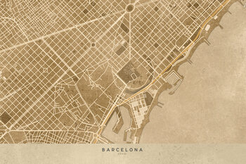 Canvas Print Map of Barcelona downtown in sepia vintage style