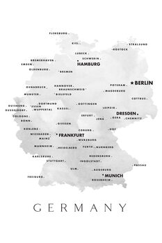 Canvas Print Map of Germany with cities in grayscale watercolor