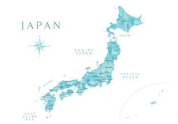 Canvas Print Map of Japan in aquamarine watercolor