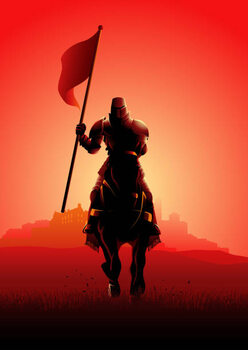 Canvas Print Medieval knight on horse carrying a flag