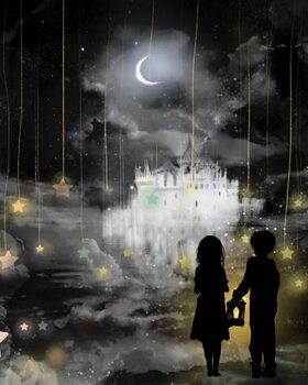 Canvas Print Moonlight and drifting clouds, cutout-style monochrome
