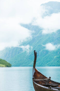 Canvas Print Old wooden viking boat in norwegian nature