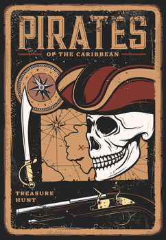 Canvas Print Pirates vintage poster, skull in hat, treasure map