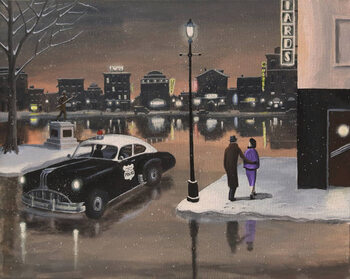 Canvas Print Police Car Patrolling Town at Night.