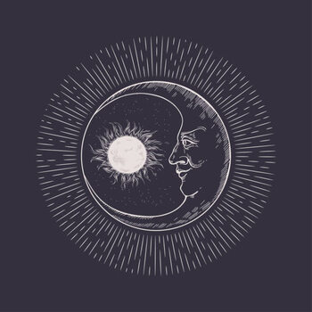 Canvas Print Sun, stars and crescent. Moon face.