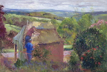 Canvas Print Thatching the Summer House, Lanhydrock House, Cornwall