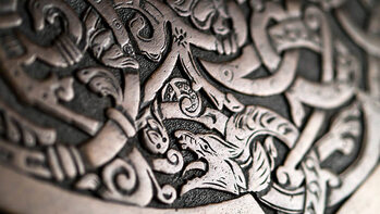 Canvas Print Viking wood carving depicting a wolf or a dragon,