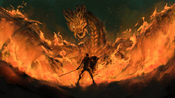 Canvas Print warrior standing confront dragon in the