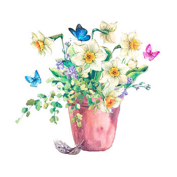 Canvas Print Watercolor Garden Spring bouquet in flower pots