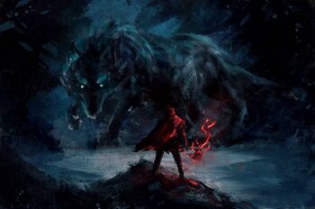 Canvas-taulu warrior standing confront fenrir giant wolf