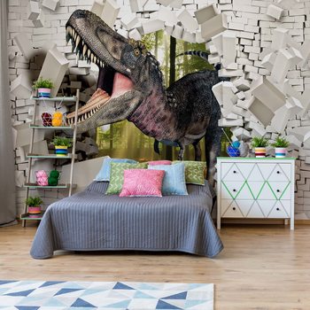 Papel de parede 3D Dinosaur Bursting Through Brick Wall