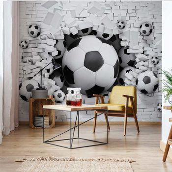 Papel de parede 3D Footballs Bursting Through Brick Wall
