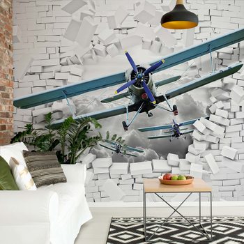 Papel de parede 3D Plane Bursting Through Brick Wall